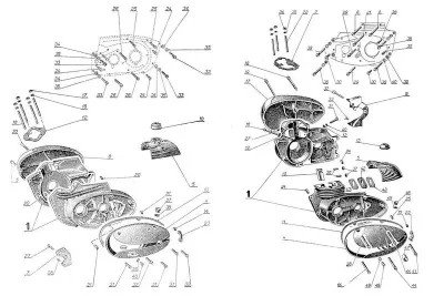 Díly motorové skříněa,  pravá a levé poloviny karterů Kývačka a Panelka